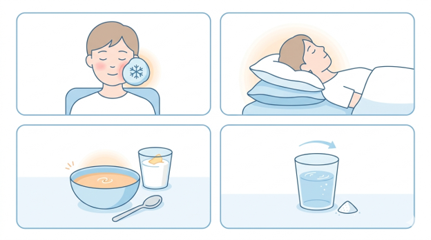 Picture3 - The Smile Connect Four-panel sequence showing care for illness: rest in bed, sleep with pillow, hot soup and water, and a glass of water with ice for hydration.