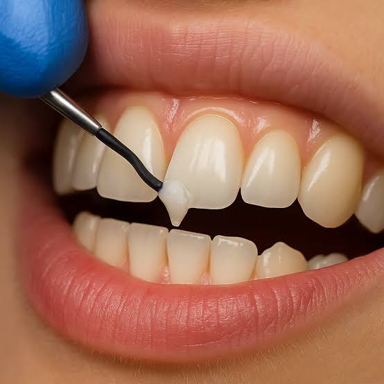 Composite Bonding - The Smile Connect Close-up of a person smiling with teeth showing, hands clasped under the chin as a friendly pose.