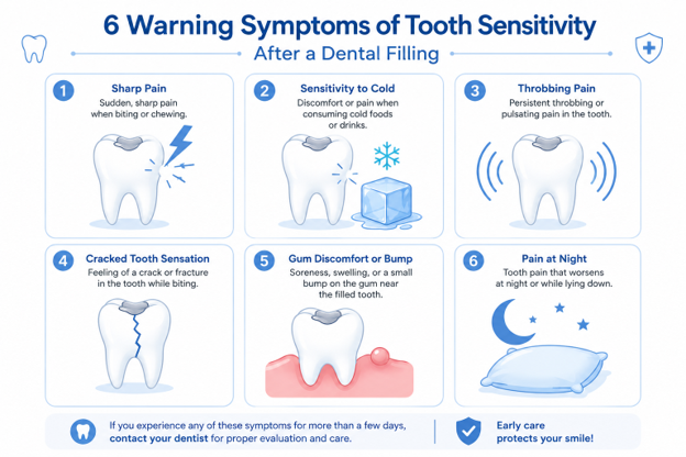 Picture2 - The Smile Connect Six-panel infographic listing tooth sensitivity symptoms after a dental filling: sharp pain when biting, cold sensitivity, throbbing tooth pain, cracked-tooth sensation, gum discomfort or bump, and night pain.