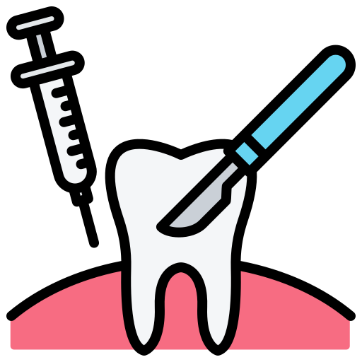 dental-surgery - The Smile Connect Tooth with dental instruments: a syringe and scaler near the tooth above pink gums, indicating a dental procedure.