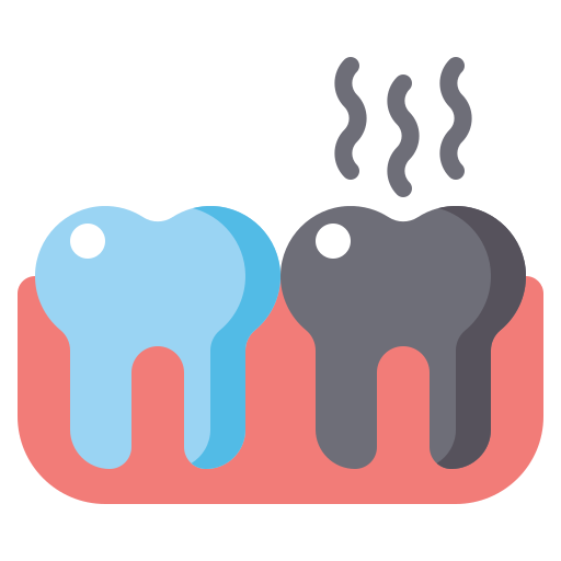 rotten - The Smile Connect Two cartoon teeth on pink gums, one light blue and the other dark gray, with wavy lines above the gray tooth suggesting odor or heat.