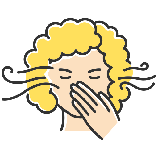 smell - The Smile Connect Blonde-haired person covers mouth with their hand while sneezing, with air gusts shown around the face.